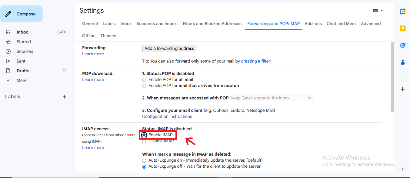 enable IMAP access option in your Gmail account